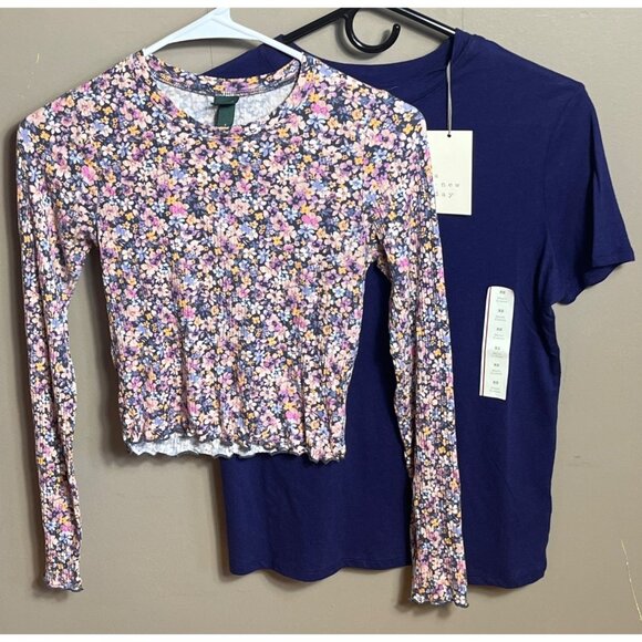 A New Day 2 Tops Bundle NWT Purple Floral Casual Spring Crop Basic Womens XS - Picture 1 of 8